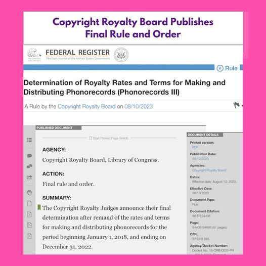 News flash: Copyright Royalty Board Publishes Final Rule and Order